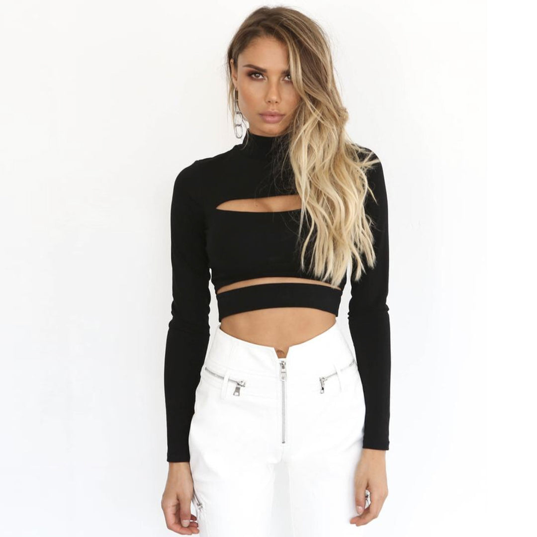 Damen Crop-Top mit Cut-Outs und hochgeschlossenem Design R&B
