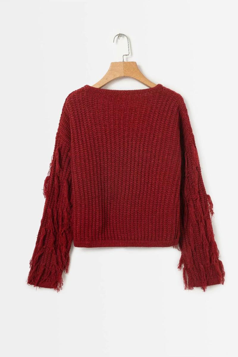 Damen lässiger Strukturpullover mit fransigen Ärmeln R&B