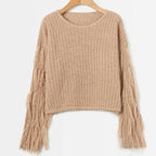 Damen Strickpullover mit fransigen Ärmeln