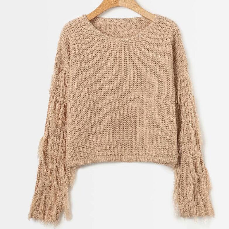 Damen Strickpullover mit fransigen Ärmeln