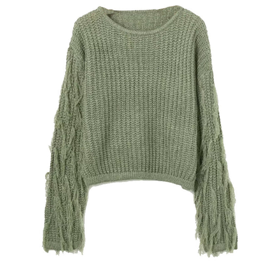 Damen lässiger Strukturpullover mit fransigen Ärmeln R&B