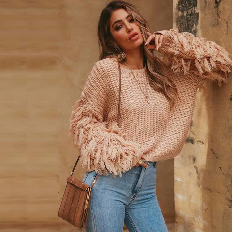 Damen gemütlicher Strickpullover mit lässigen Fransenärmel R&B