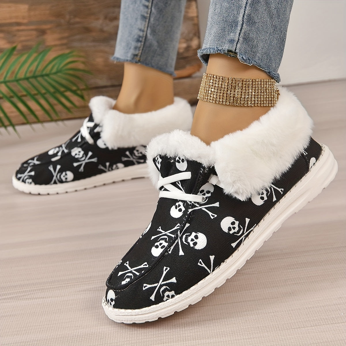 Schnürschuhe Mit Totenkopfdruck Und Plüschfutter Mia R&B