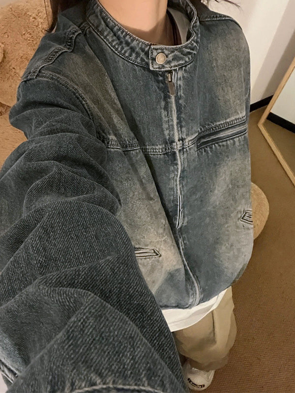 R&B | Blau Verwitterte Jacke mit Reißverschluss