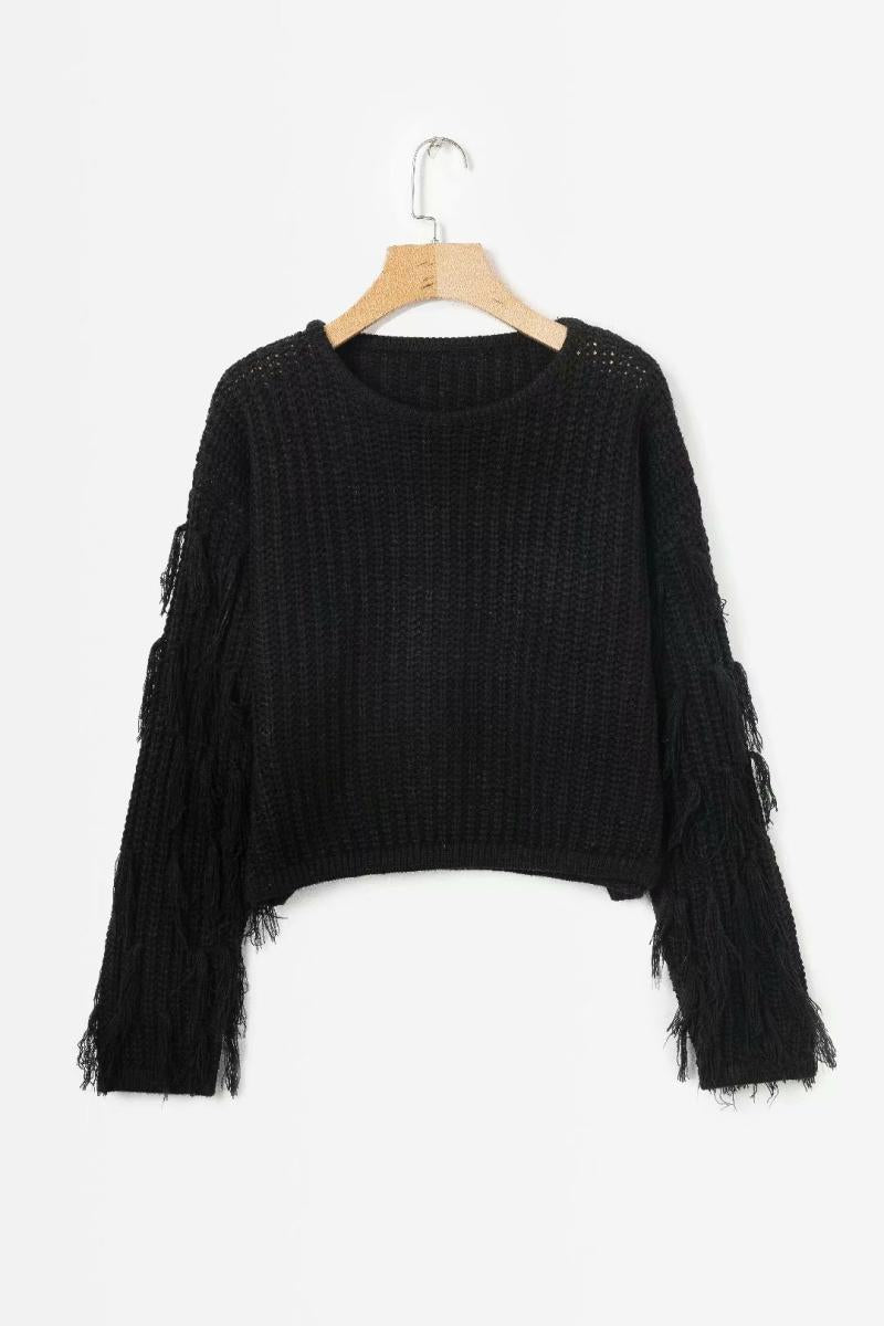 Damen lässiger Strukturpullover mit fransigen Ärmeln R&B