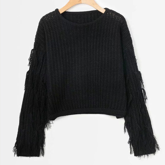 Damen Strickpullover mit fransigen Ärmeln und trendigem Schnitt R&B