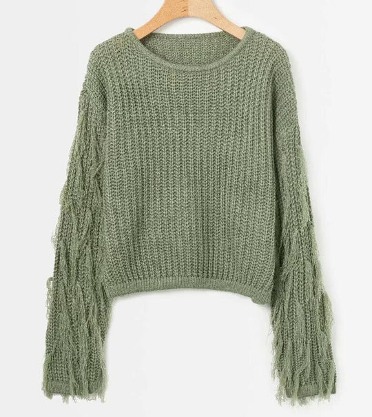 Damen Strickpullover mit fransigen Ärmeln R&B