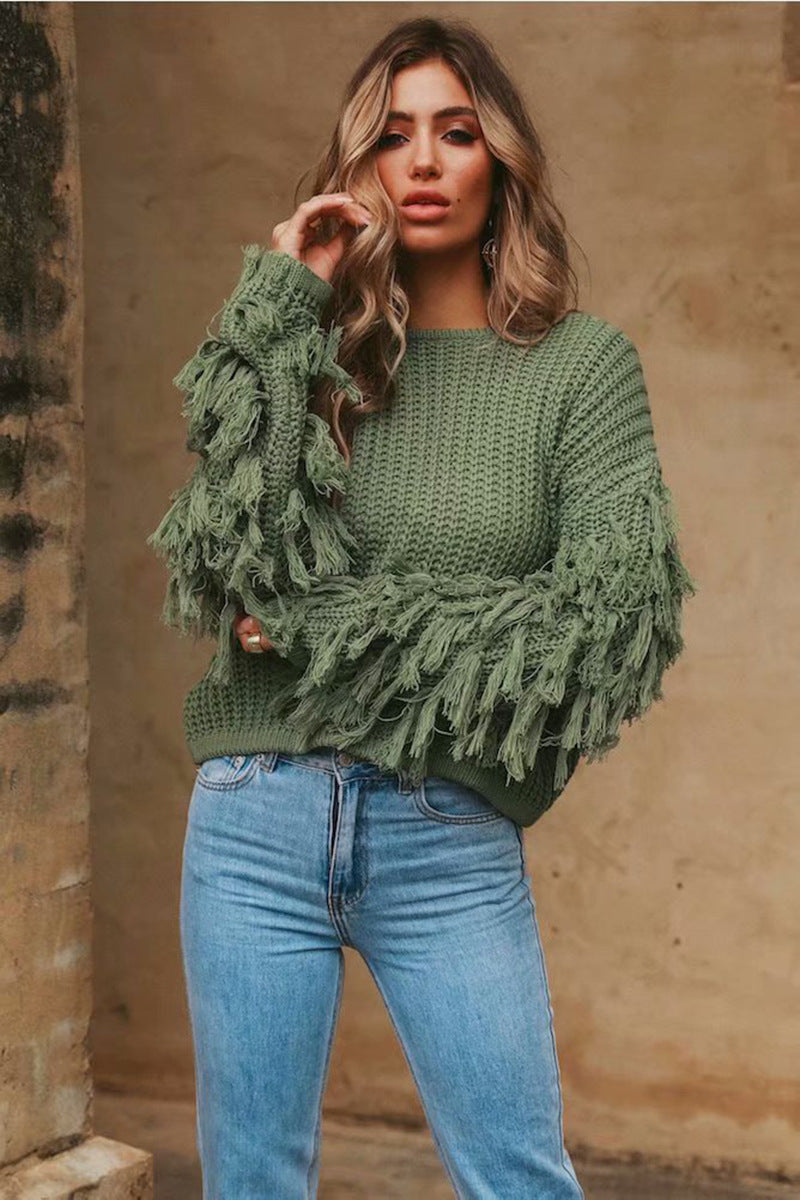 Damen Strickpullover mit fransigen Ärmeln und strukturierter Oberfläche