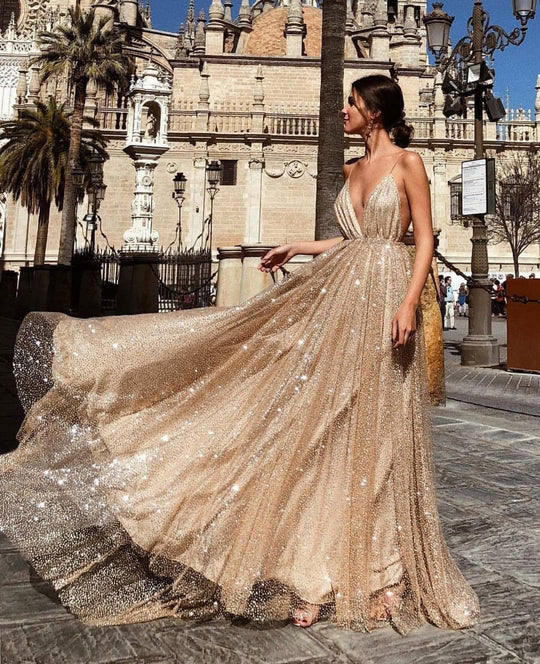 Damen Glamouröses Abendkleid mit tiefem V-Ausschnitt und strahlenden Pailletten R&B