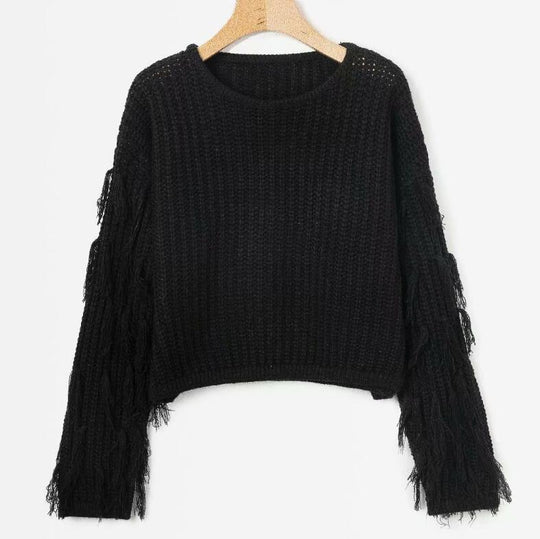 Damen gemütlicher Strickpullover mit lässigen Fransenärmel R&B
