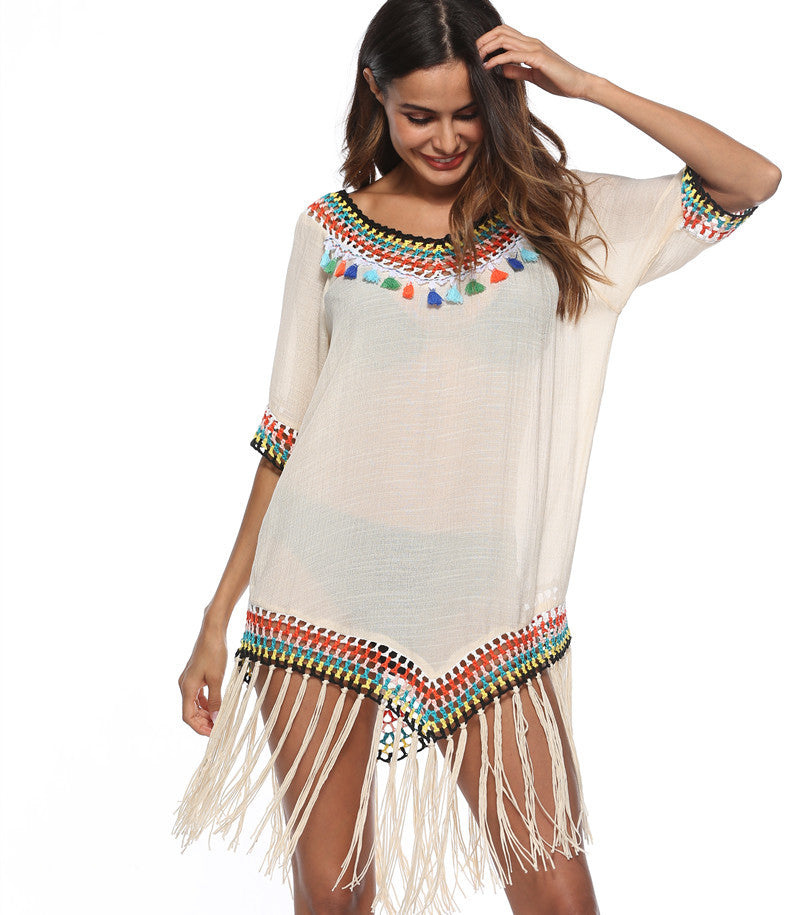 Damen Strandüberwurfkleid mit fransigem Saum und buntem Häkelmuster R&B