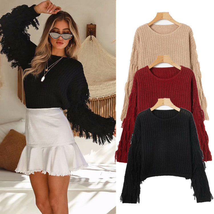 Damen Strukturpullover mit ausgefallenen Fransenärmeln R&B