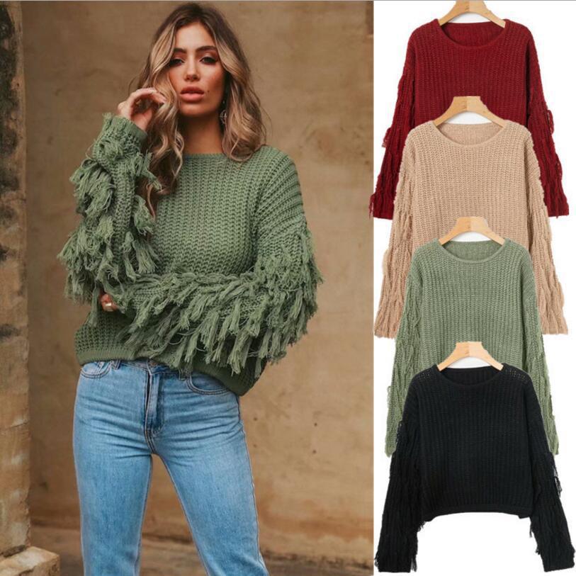 Damen trendiger Grobstrickpullover mit fransigen Ärmeln