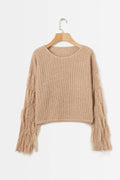 Damen trendiger Grobstrickpullover mit fransigen Ärmeln