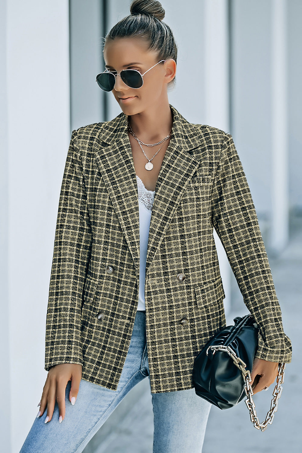 R&B | Karierter Doppelreiher Langarm-Blazer