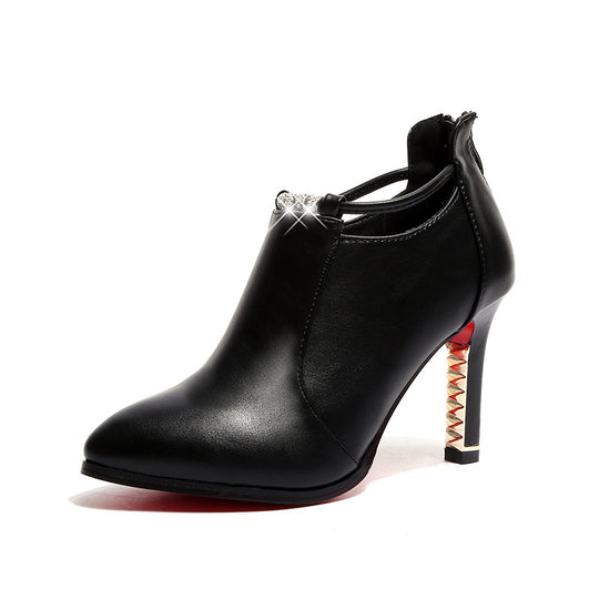 Damen nan elegante knöchelhohe Stiefelette mit spitzer Form Schmuckriemen und goldbesetztem Stilettoabsatz R&B