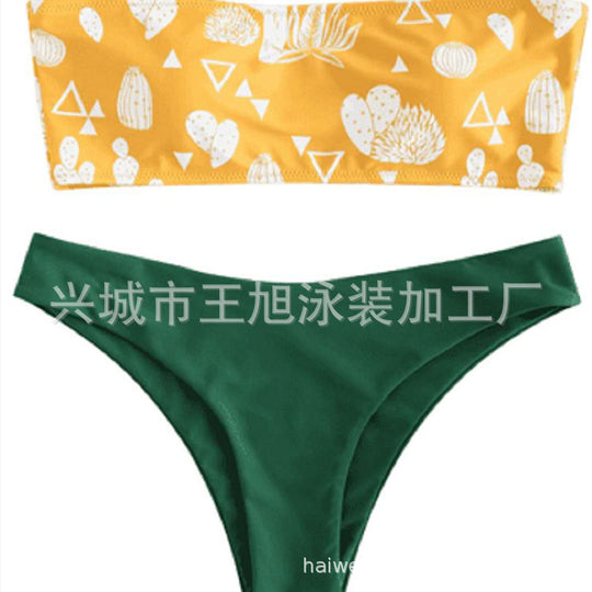 Damen Bandeau-Bikini mit verspieltem Kaktus-Muster R&B