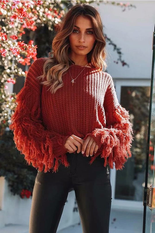 Damen Pullover mit strukturierten Fransenärmel R&B