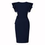 R&B | Kleid mit V-Ausschnitt und plissierten Hornärmeln an der Hüfte