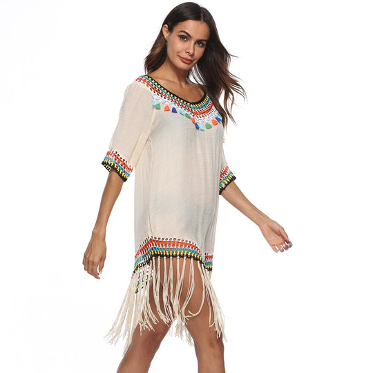 Damen Strandüberwurfkleid mit fransigem Saum und buntem Häkelmuster R&B