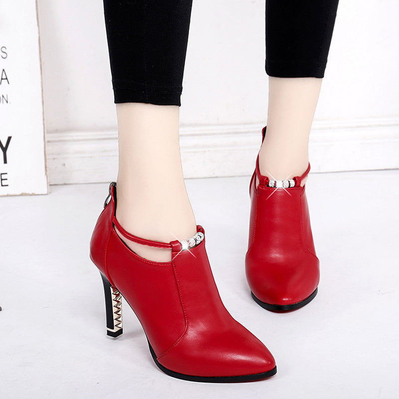 Damen nan elegante knöchelhohe Stiefelette mit spitzer Form Schmuckriemen und goldbesetztem Stilettoabsatz R&B