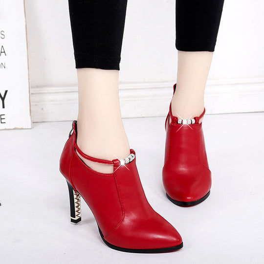 Damen nan elegante knöchelhohe Stiefelette mit spitzer Form Schmuckriemen und goldbesetztem Stilettoabsatz R&B