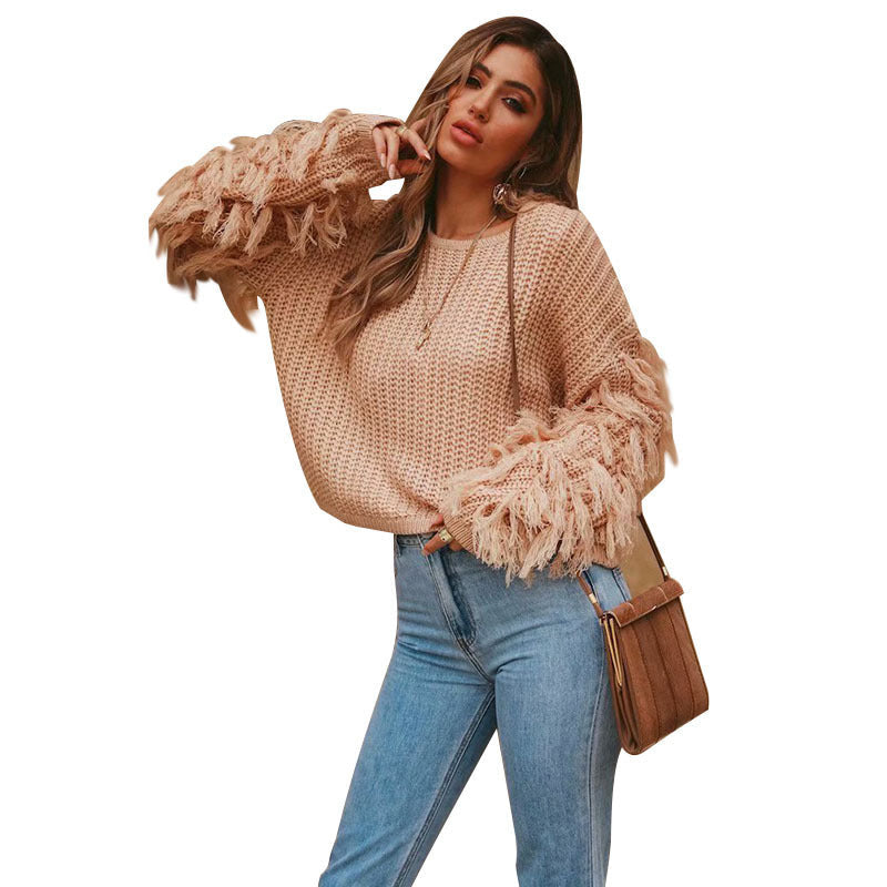 Damen trendiger Strickpullover mit fransigen Ärmeln