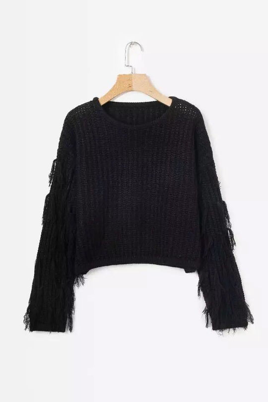 Damen trendiger Strickpullover mit fransigen Ärmeln R&B