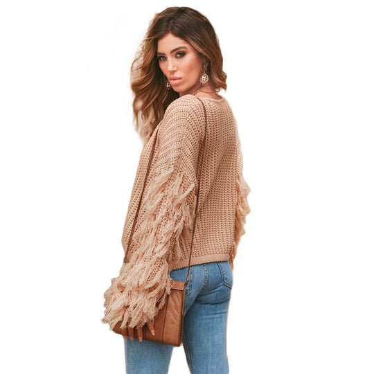 Damen trendiger Strickpullover mit fransigen Ärmeln R&B