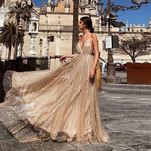 Damen Glamouröses Abendkleid mit tiefem V-Ausschnitt und strahlenden Pailletten R&B
