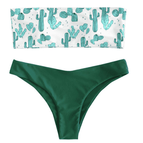 Damen Bandeau-Bikini mit verspieltem Kaktus-Muster R&B