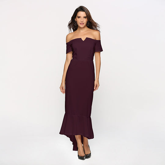 Damen Off-Shoulder Abendkleid mit elegantem V-Ausschnitt und Fließendem Saum R&B