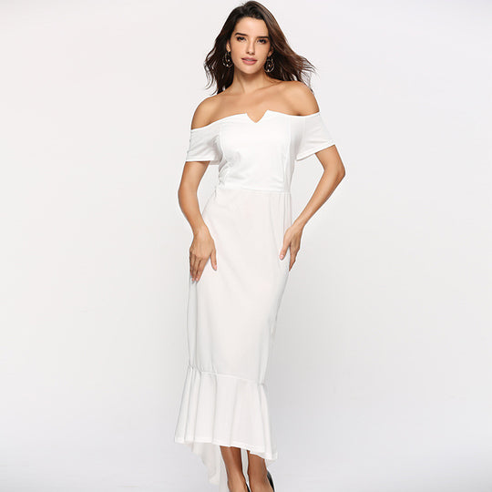 Damen Off-Shoulder Abendkleid mit elegantem V-Ausschnitt und Fließendem Saum R&B