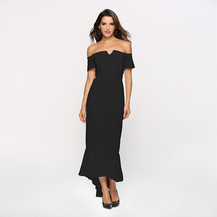 Damen Off-Shoulder Abendkleid mit elegantem V-Ausschnitt und Fließendem Saum R&B