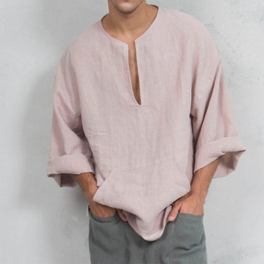 Herren lässiges Leinenoberteil mit Henley-Ausschnitt und praktischer Kängurutasche R&B