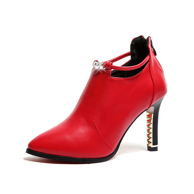 Damen nan elegante knöchelhohe Stiefelette mit spitzer Form Schmuckriemen und goldbesetztem Stilettoabsatz R&B