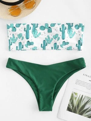 Damen Bandeau-Bikini mit verspieltem Kaktus-Muster R&B