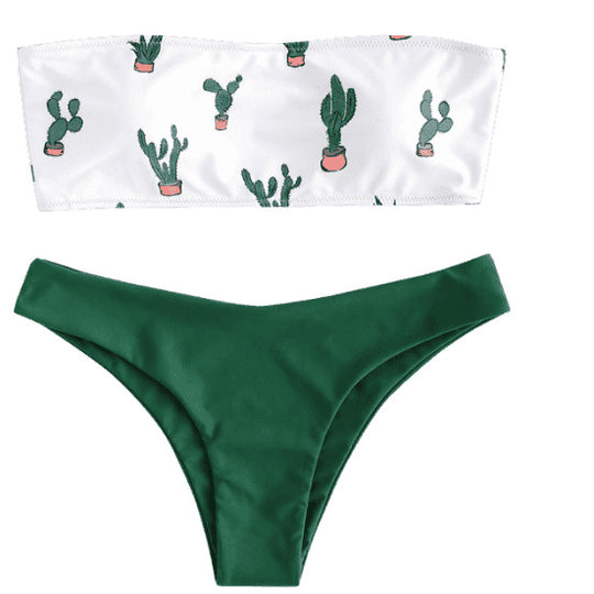 Damen Bandeau-Bikini mit verspieltem Kaktus-Muster R&B