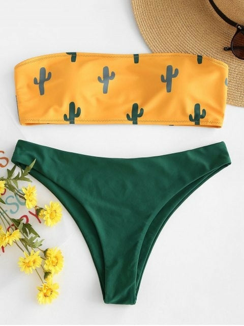 Damen Bandeau-Bikini mit verspieltem Kaktus-Muster R&B
