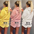 Damen nan kuscheliges zweiteiliges Lounge-Set mit Kapuzenpullover und Shorts mit MEOW-Stickerei R&B