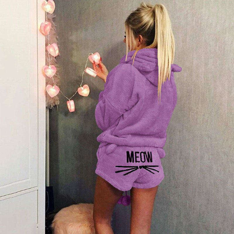 Damen nan kuscheliges zweiteiliges Lounge-Set mit Kapuzenpullover und Shorts mit MEOW-Stickerei R&B