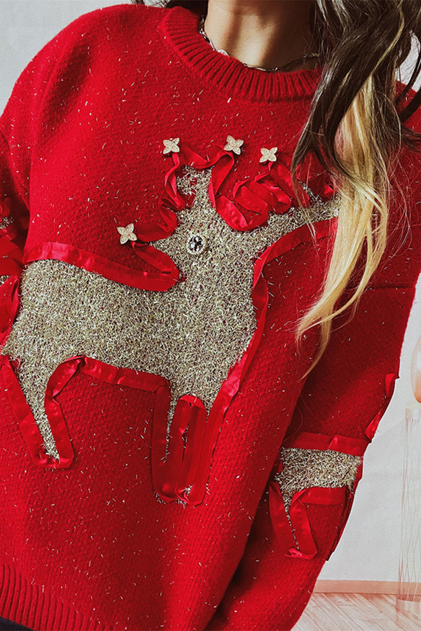 R&B | Weihnachtsmuster Gestrickter Rundhalsausschnitt Langarmpullover