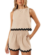R&B | Zweiteiliges Oberteil und Shorts aus Leinen und Spitze