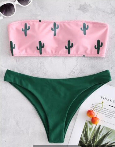 Damen Bandeau-Bikini mit verspieltem Kaktus-Muster R&B