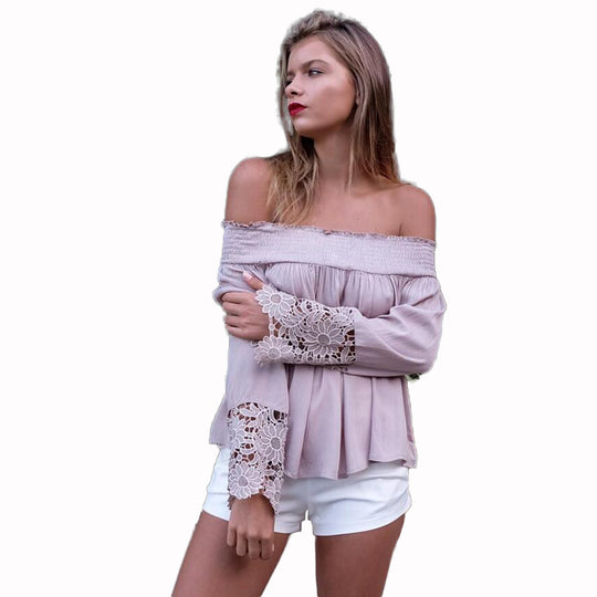 Damen Bluse mit schulterfreiem Design und floralen Spitzenärmel R&B
