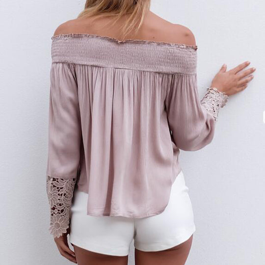 Damen Bluse mit schulterfreiem Design und floralen Spitzenärmel R&B