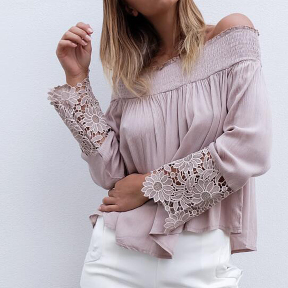 Damen Bluse mit schulterfreiem Design und floralen Spitzenärmel R&B
