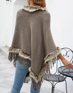 R&B | Elegante Damen Poncho mit Pelzkragen und Fransen