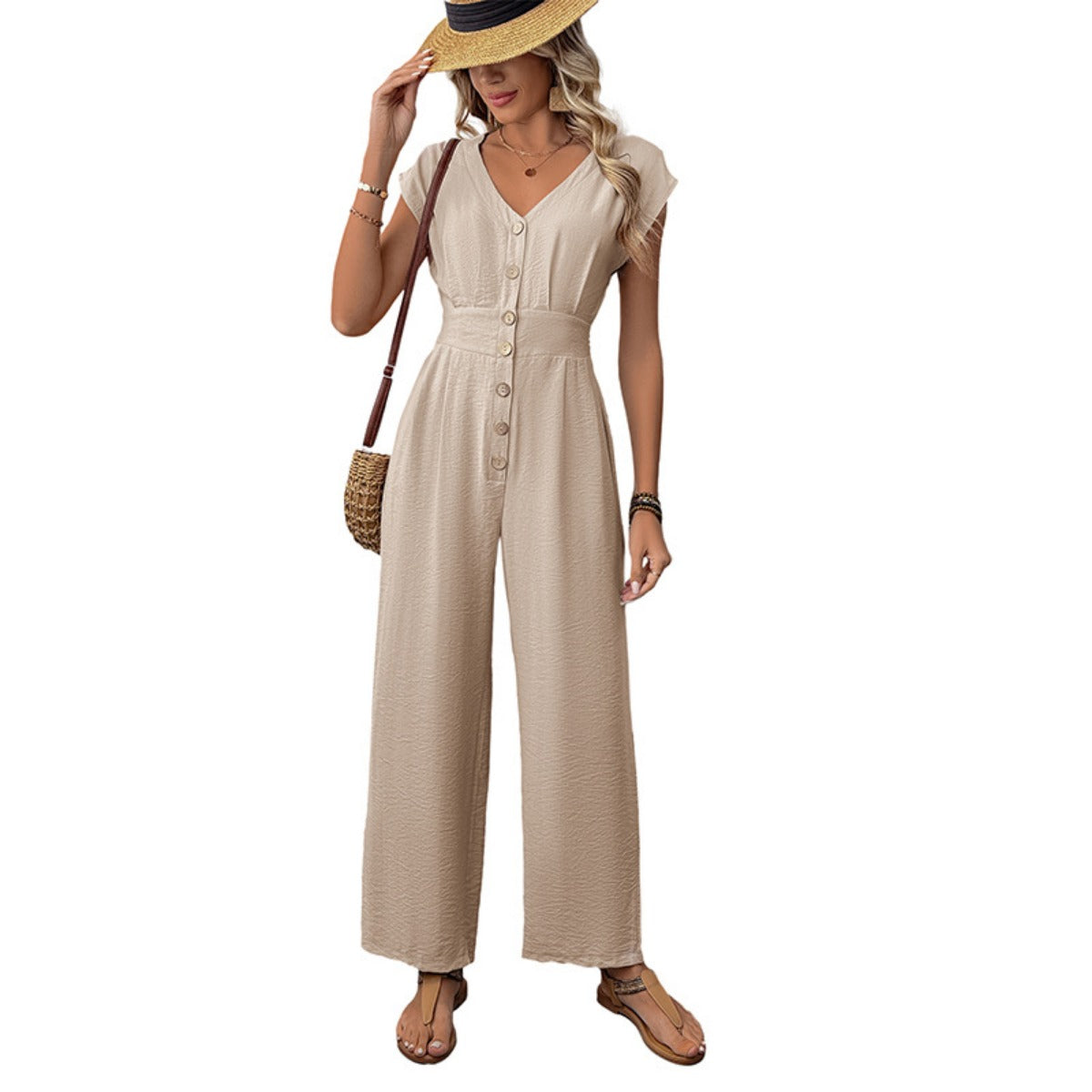 R&B | V-Ausschnitt einfarbiger elastischer Overall mit hoher Taille und weitem Bein
