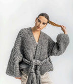 Damen Grobstrick-Cardigan mit geflochtenem Gürtel und langen Ärmeln R&B